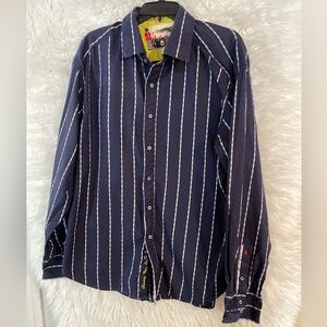 Robert Graham Men’s Navy Blue/White Striped Long Sleeve Button Down Shirt-2XL